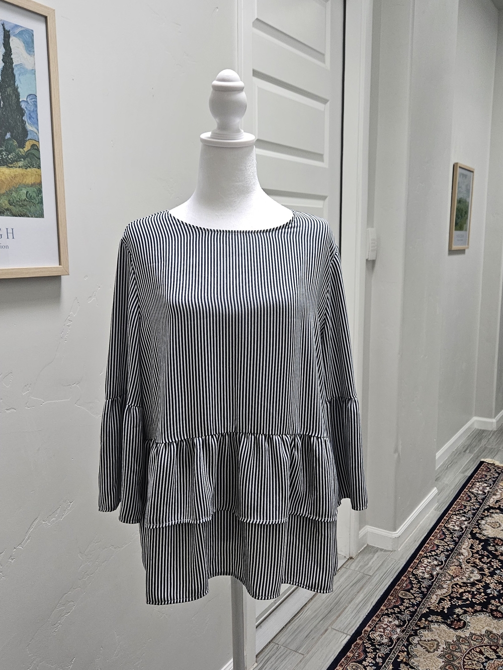 Time and Tru Black and White Striped Ruffle-Hem Tunic